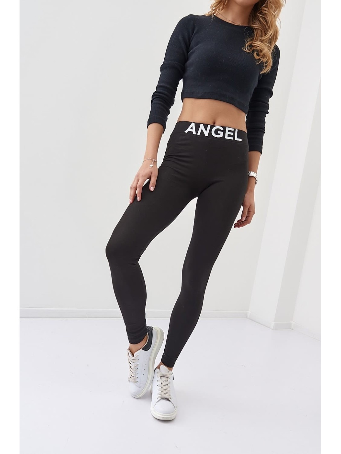 Cotton leggings with an inscription at the waist, black 03153 - Online store - Boutique